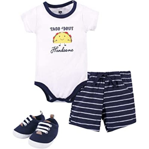 Hudson Baby Unisex Baby Cotton Bodysuit, Shorts and Shoe Set
