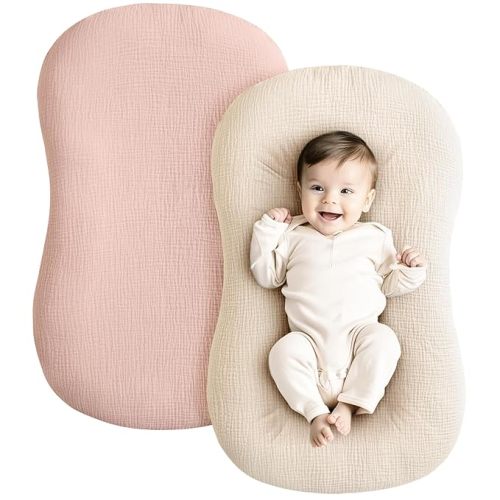 Konssy Muslin Baby Lounger Cover 2 Pack, 100% Cotton Newborn Lounger Cover, Soft and Breathable Lounger Slipcover for Boys Girls, Covers Only (Pink,Wheat)