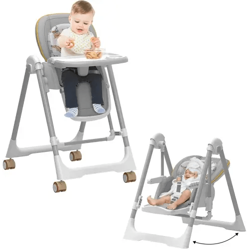 High Chairs for Babies and Toddlers, Baby Swings for Infants, Foldable High Chair with Wheels,5 Adjustable Height, 4-Position Backrest, 3 Footrest Positions, Double Removable Tray(Grey)