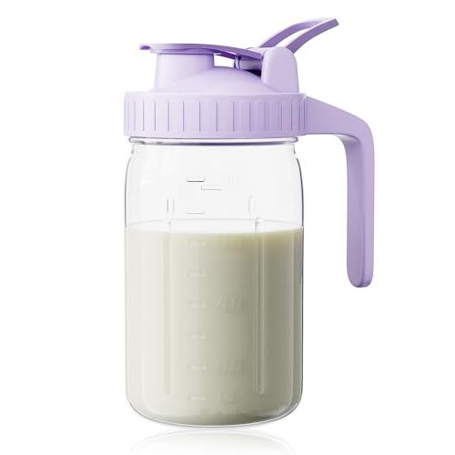 Breast Milk Pitcher, Mason Jar 32 oz, Heavy Duty Wide Mouth Jar with Purple Flip Cap Lid and Pour Spout, Formula Pitcher Airtight Seal for Freshness and Convenience, Great for Cold Beverages