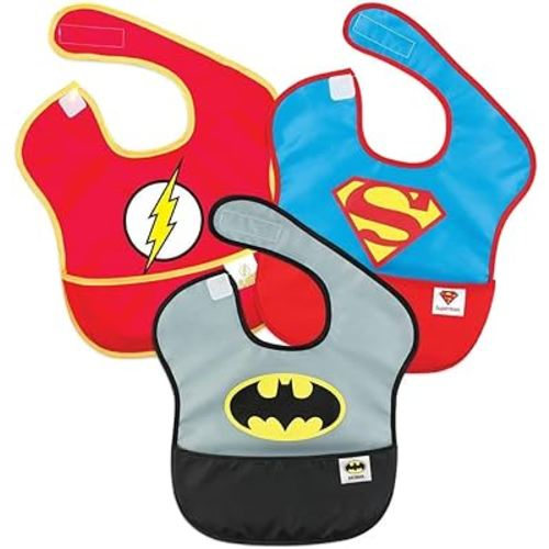 Bumkins Bibs for Girl or Boy, SuperBib Baby and Toddler for 6-24 Months, Essential Must Have for Eating, Feeding, Baby Led Weaning, Mess Saving Waterproof Soft Fabric, 3-pk DC Comics Justice League