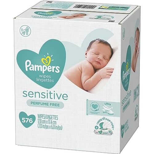 Baby Wipes, Pampers Sensitive Water Based Baby Diaper Wipes, Hypoallergenic and Unscented, 8 Pop-Top Packs, 576 Total Wipes (Packaging May Vary)