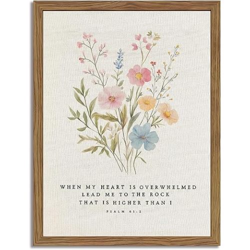 Christian Scripture Canvas Wall Art 8x10 Inch Psalm 61:2 Bible Verse Wall Decor, Boho Floral Religious Artwork for Prayer Room, Church, Office, Home, Wood Framed