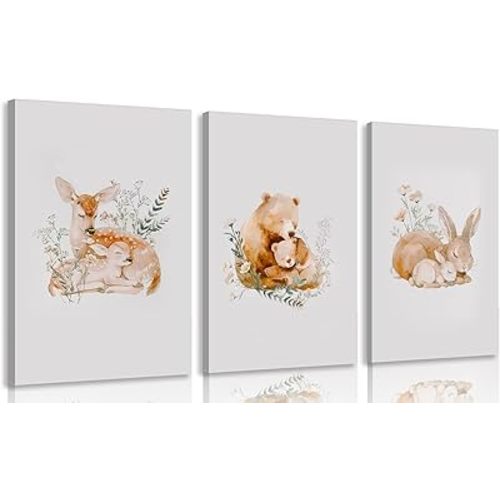 3 Pcs Animal Nursery Canvas Wall Art Watercolor Baby Animals with Wildflowers Painting Picture Wall Decor Cute Rabbit Bear Deer Nursery Paintings Artwork for Kids Room Baby Room Home Decoration