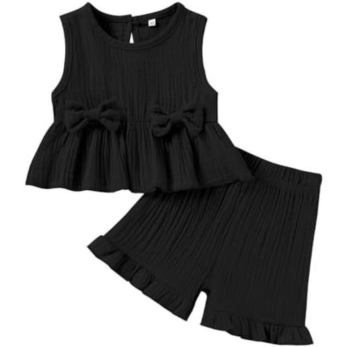 Toddler Baby Girl Clothes Cute Outfits Girls Linen Bow Tank Tops Ruffle Shorts Set Spring Summer Clothes for Kids