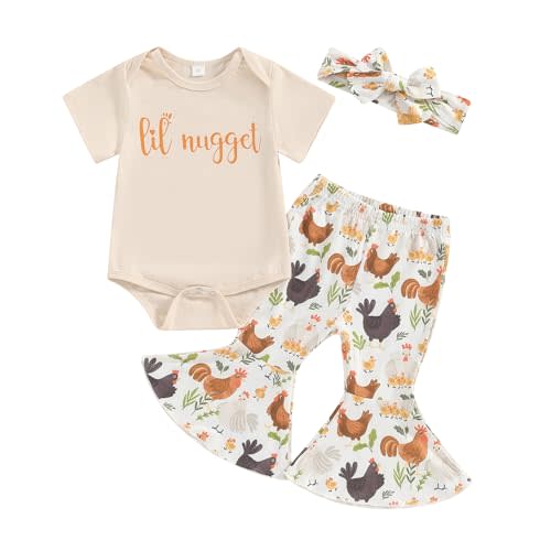 Karuedoo Newborn Baby Girl Farm Outfits Letter Print Short Sleeve Romper Chicken Flared Pants Headband 3Pcs Outfits Sets