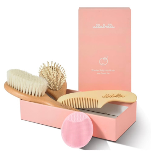 Ullabelle 4 Piece Wooden Baby Hair Brush and Comb Set for Newborns & Toddlers in Chic Gift Box - Ultra Soft Natural Goat Hair and Wood Baby Brush Set Prevents Cradle Cap - Perfect Registry Gift (Pink)