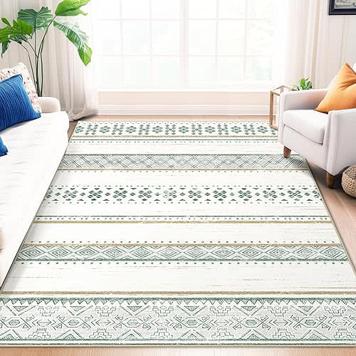 BESTSWEETIE 6x9 Area Rugs for Living Room Washable Moroccan Farmhouse Neutral Geometric Low Pile Non-Slip Soft Print Pattern Rug for Bedroom Kitchen Dining Room Entryway Green/Brown/Brown