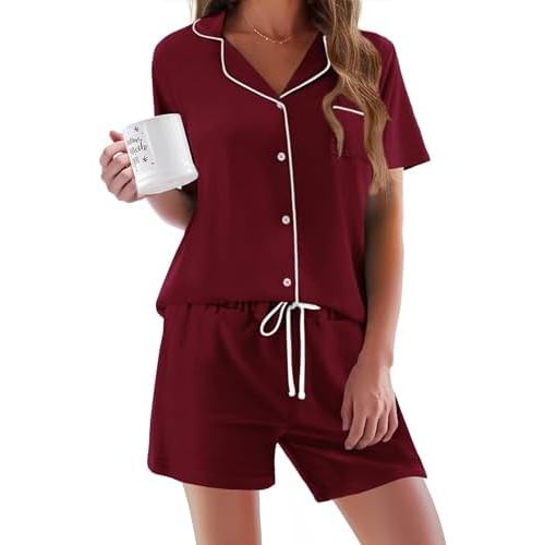 Ekouaer Pajamas Set for Women Short Sleeve Sleepwear Button Down Pjs Soft 2 Piece Lounge Sets