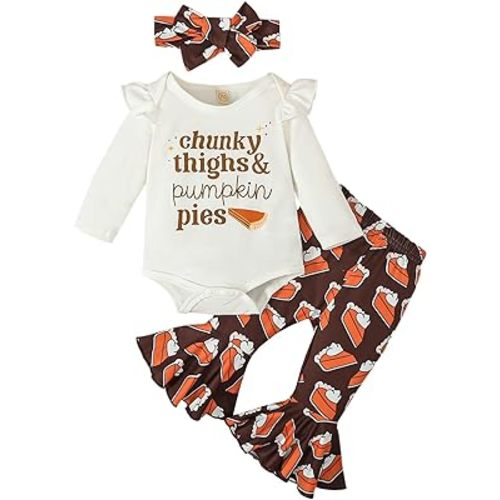 Baby Girl Thanksgiving Outfit Pumpkin Pie Romper+Flare Pants Newborn Girl Turkey Day Clothes 0-18 Months