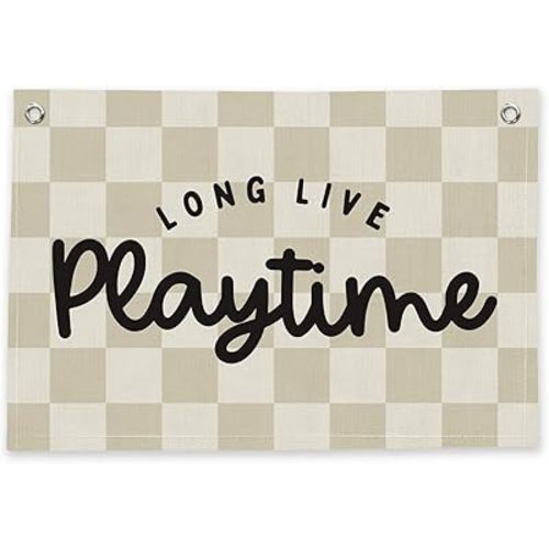 RTXLEZM Playroom Decor Long Live Playtime Banner – Retro Playroom Decor for Nursery or Toddler Play Area, Beige Gingham Large Canvas Print, Linen Hanging Wall Art, Kids Room Canvas Flag with Two Metal Grommets,36x24