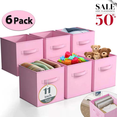 WERSEON Fabric Storage Bins, 6 Pack Durable Storage Cubes with Handles, 11" Foldable Cube Baskets for Closet and Toys, Pink