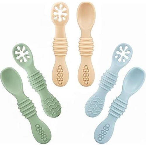 PandaEar 6 Pack Silicone Baby Spoons for Baby Led Weaning, First Stage Baby Toddler Self Feeding Utensils 6+ Months (Blue Green Beige)