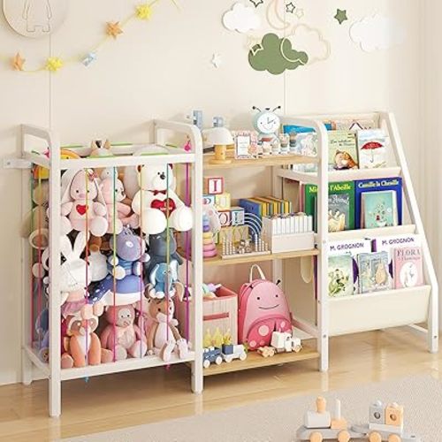 B1 Kids Bookshelf and Toy Storage, 3-Tier Book Shelf for Kids Rooms, Sling Baby Bookcase with Stuffed Animal Storage, Montessori Toddler Bookshelf for Nursery, Bedroom, Playroom Burlywood