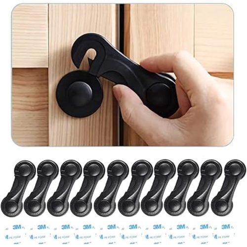 Child Safety Cabinet Locks (10 Pack) - Baby Proofing Latches Lock for Drawers, Toilet Seat, Fridge, Oven, with 10 Extra 3M Adhesives (Black)