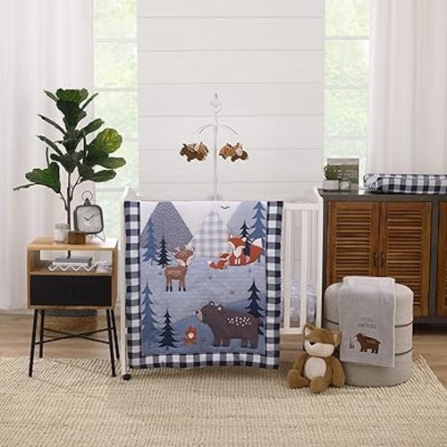 Little Love by NoJo National Park Navy Buffalo Check, Gray, Blue, and Brown Camping Bear, Deer, and Fox 3 Piece Mini Crib Bedding Set - Comforter, and Two Fitted Mini Crib Sheets