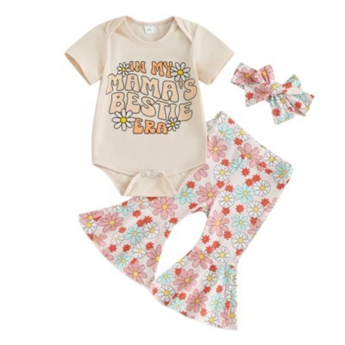 Newborn Baby Girls Clothes Summer Mamas Bestie Romper Bodysuit Floral/Plaid Flared Pants Sets 3Pcs Bell Bottom Outfits