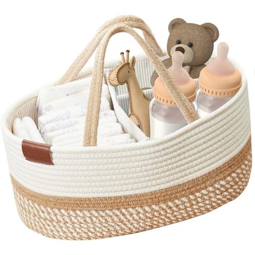 Diaper Caddy Organizer, Nursery Organizers and Storage, Baby Basket with Removable Divider for Newborn Baby Gift Changing Table Cosmetic (Spiral Beige & White, Large)