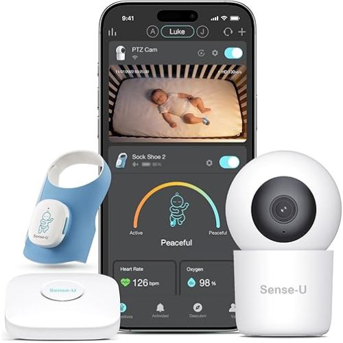 Sense-U Smart Baby Sock Shoe 2 Bundle – Heart Rate & Sleep Pattern Tracking with 2.5K HD Video Camera, AI Cry Detection & Audio
