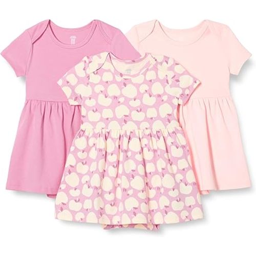 Amazon Essentials Baby Girls' Short Sleeve Bodysuit Dress, Pack of 3