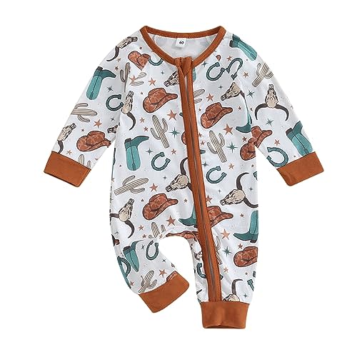 SAYOO Western Baby Cowboy Clothes Neutral Zipped Fall Romper Outfit for Boy Girl Infant Lapel Cow Print One-piece Jumpsuit