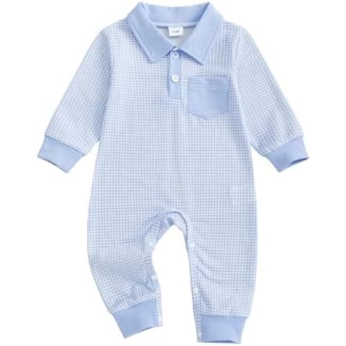 GGBNOMER Newborn Baby Boy Winter Clothes Long Sleeve Lapel Jumpsuit Collar Plaid Romper Playsuit Infant Baby Boy Fall Outfit