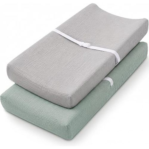 Pro Goleem Muslin Changing Pad Cover for Boys and Girls, Soft Breathable Fitted Cotton Diaper Changing Table Pad Sheets, Neutral, 2 Pack (Grey&Green)