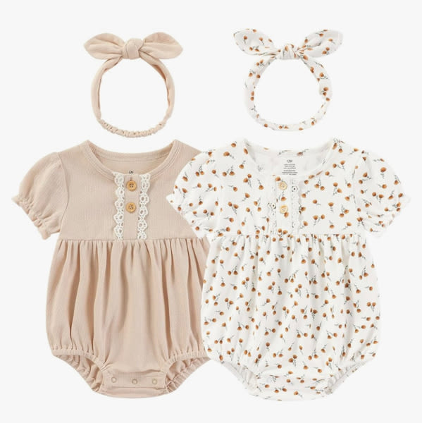 Ruliby Baby Girl Clothes Cotton Bubble Romper Floral Bodysuits Infant Outfit Set