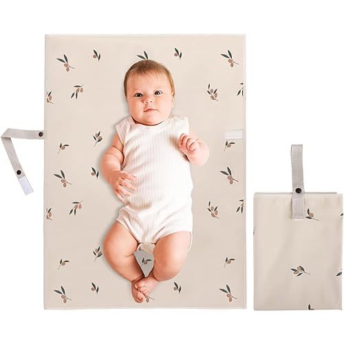 Vegan Leather Portable Changing Pad - Waterproof Compact Baby Changing Mat - Foldable Travel Diaper Changing Pad, Newborns (Olive Branch with Strap, 20"*28")
