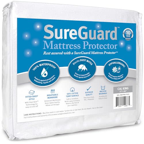 SureGuard California King Mattress Protector - 100% Waterproof, Hypoallergenic - Premium Fitted Cotton Terry Cover White