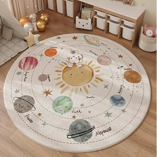 Poowe Solar System Kids Area Rug Educational Learning Carpet Fun Rug Children Area Rug for Playroom & Nursery (39.4" Round)
