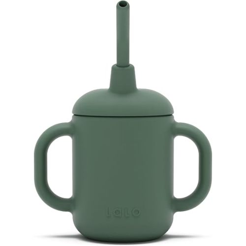 Lalo Little Cup, Non-Toxic Silicone Straw Cup with Handles - Baby and Toddler Sippy Cup - Mini Cup and Straw Training System, 4oz, Olive