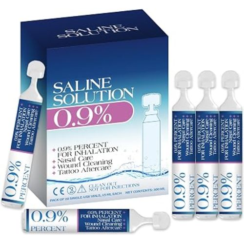0.9% Sodium Chloride Saline Solution, Sterile Daily Nasal & Skin Cleansing for Babies, Kids & Adults, Single-Use Saline Vials for Nose Care & Minor Wound Cleaning, 20 Pack 15ml Disposable Bottles