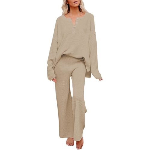 Pink Queen Women's 2 Piece Outfit Set Long Sleeve Button Pullover Sweater Top and Wide Leg Pants Knit Sweatsuit