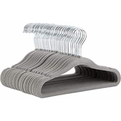 Amazon Basics Kids Velvet, Non-Slip Clothes Hangers for Infant and Toddler, 11.6 Inches (for baby clothes), Pack of 50, Gray