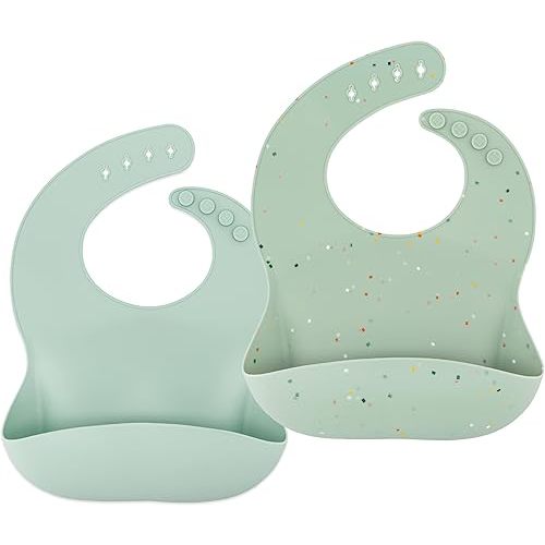 Waterproof Silicone Bib Set with Adjustable Neck Closure - Durable Silicone Bibs for Babies - Set of 2