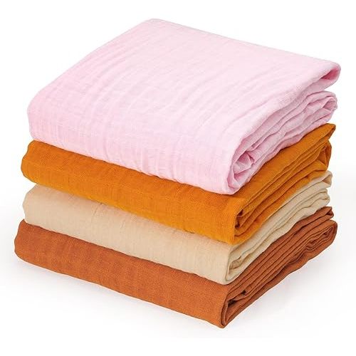 david's kids 4 Pack Baby Muslin Swaddle Blankets 47" x 47", 100% Cotton Swaddling Blankets Wrap for Boys Girls, Ultra Soft Breathable Receiving Blanket, New Born Essentials, Brown&Pink&Ginger&Beige