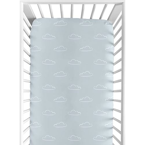 Sweet Jojo Designs Blue Clouds Boy Fitted Crib Sheet Baby or Toddler Bed Nursery - Slate and White Cloud Sky for Vintage Airplane Aviator Aviation Collection