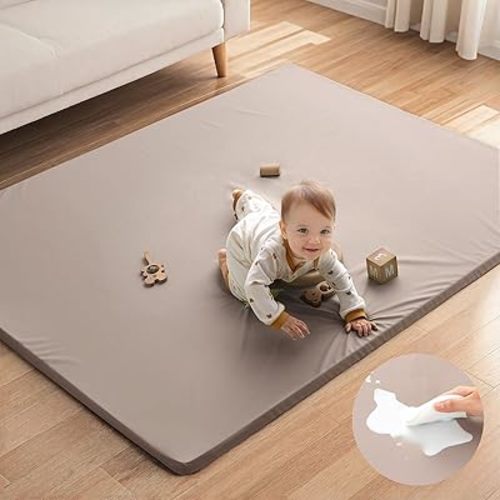 Blissful Diary Vegan Leather Baby Play Mat, Waterproof and Wipe-Clean, 67"x51" Large & Thicken Foam Playmat for Infants and Toddlers, Brown Gray