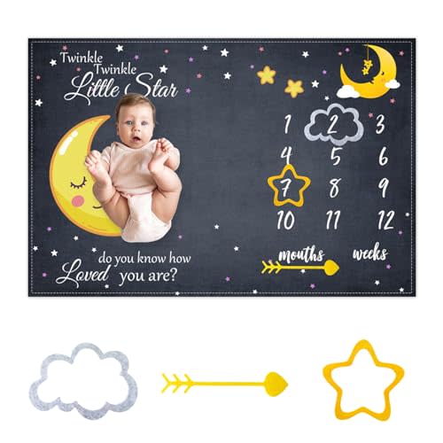 CSFOTO Baby Milestone Blanket 60''x40'' Starry Sky Newborn Month Blanket Star and Moon Newborn Photography Background Prop for Boy & Girl Personalized Shower Present with Frame