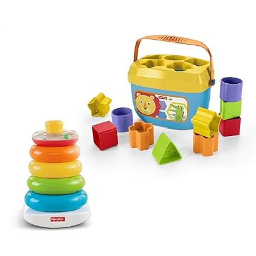 Fisher-Price Infant Toy Set with Baby’s First Blocks (10 Shapes) and Rock-a-Stack Ring Stacking Toy for Ages 6+ Months (Amazon Exclusive) - Rock-a-Stack & Blocks Bundle