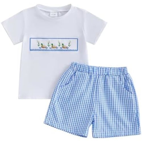 Toddler Baby Boy Hunting Outfit Summer Short Sleeve Mallard Duck T-shirt Checkered Plaid Shorts Two Piece Clothes