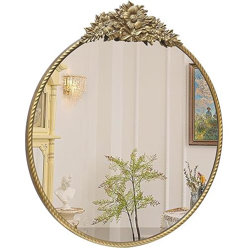 Round Mirror, 28''Baroque Style Wall Mirror Metal Frame Circle Mirrors for Entryway, Living Room or Bedroom,Retro Gold