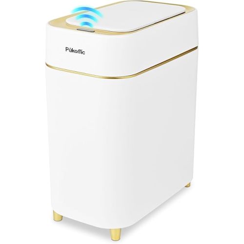 Pukomc 2.3 Gallon / 9L Automatic Adsorption Sensor Trash Can, White Gold Motion Sensor Garbage Bin with Suction, Slim Fashionable Design for Kitchen, Bathroom, Office & Small Space