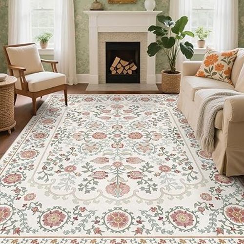 BLISSA Washable 8x10 Area Rug - Large Floral Rugs for Living Room Soft Vintage Cream Retro Botanical Carpet Boho Stain Resistant Non-Slip Rug for Bedroom Dining Room Under Table Home Office Decor