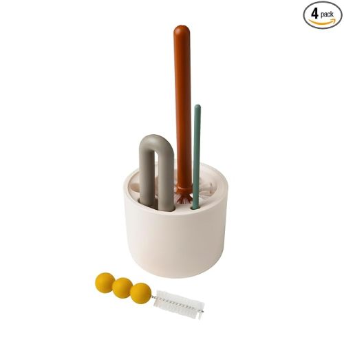 Boon Mod Baby Bottle Brushes - Includes Bottle Cleaner Brush, Straw Cleaner Brush, Nipple Brush and Detail Brush for Baby Bottles - Baby Bottle and Straw Brush Cleaning Set - Deco - 4 Count