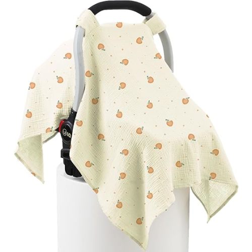 100% Muslin Cotton Car Seat Cover Baby, Carseat Canopy Cover, Universal Fit Stroller Covers for Boys and Girls (Cute Cherry)