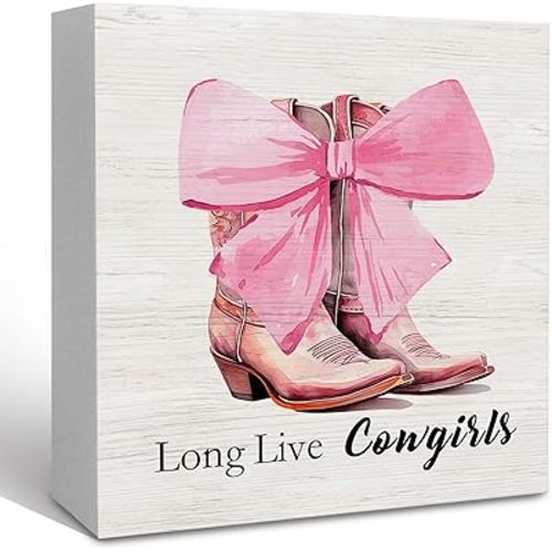 Long Live Cowgirls Wooden Box Sign Desk Decor, Cowgirl Room Decor, Pink Bow Decor, Preppy Western Decorative Signs Decor for Teen Girls Room Dorm, Pink Cowgirl Boot Shelf Desk Decor 5x5 Inch