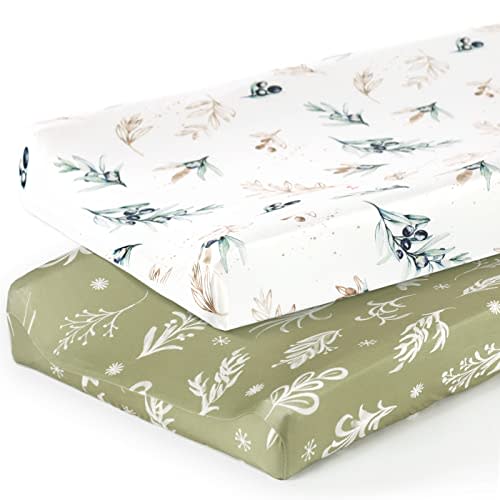 GRSSDER Stretch Ultra Soft Jersey Knit Changing Pad Cover Set 2 Pack,Change Table Pad Covers Fit 32"/34" x 16" Pads Safe and Snug,Stylish Watercolor Flora and Olive for Baby