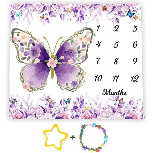 SSCSTS Butterfly Theme Baby Monthly Milestone Blanket 48x40in, Flower Purple Butterfly Spring Tropical Eucalyptus Leaves Watercolor Botanical Photography Prop Newborn Baby Shower Age Growth Tracker